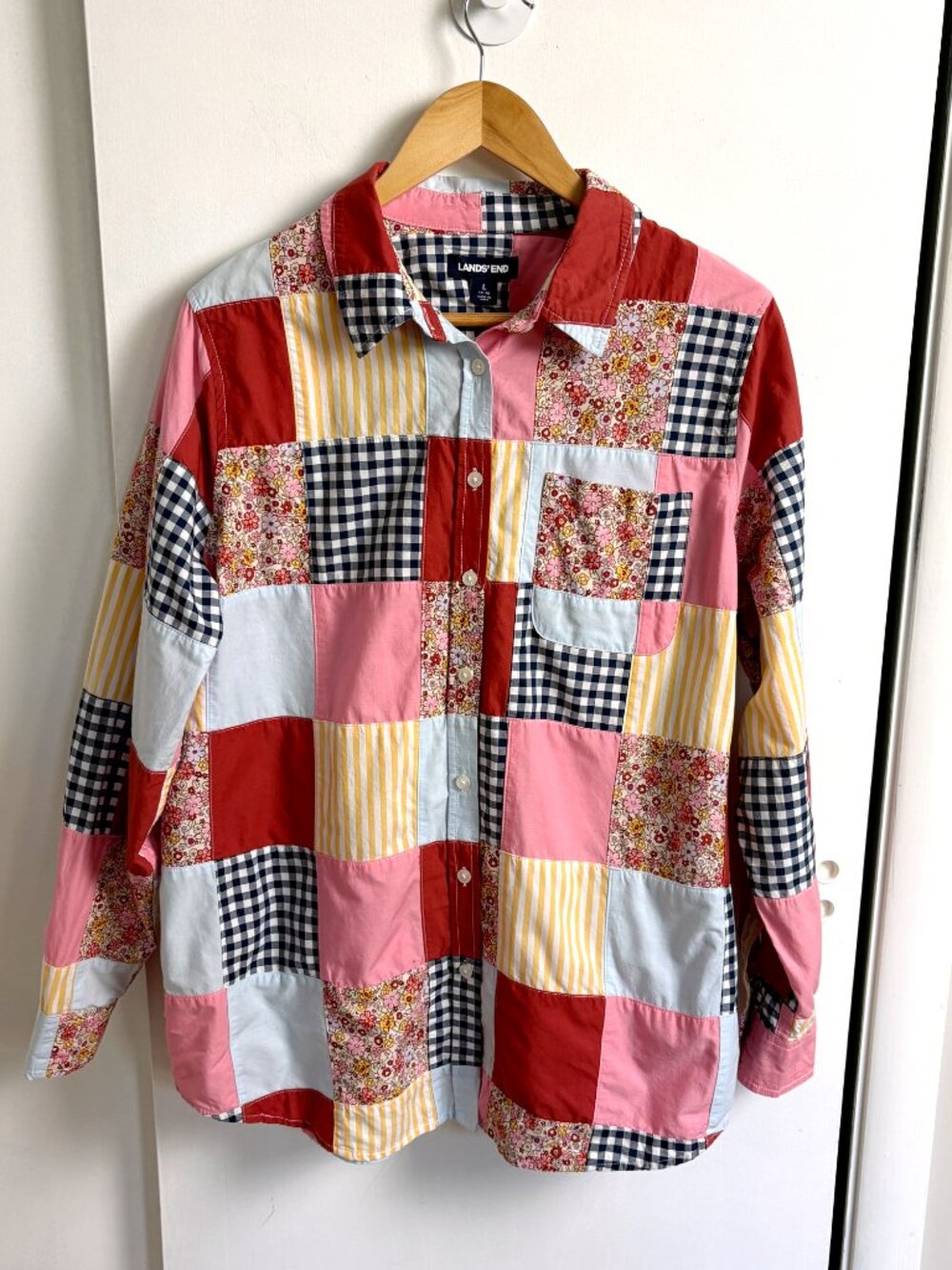 Lands' End Patchwork Tunic Top Boyfriend Fit Long Sleeves - Size L 14-16